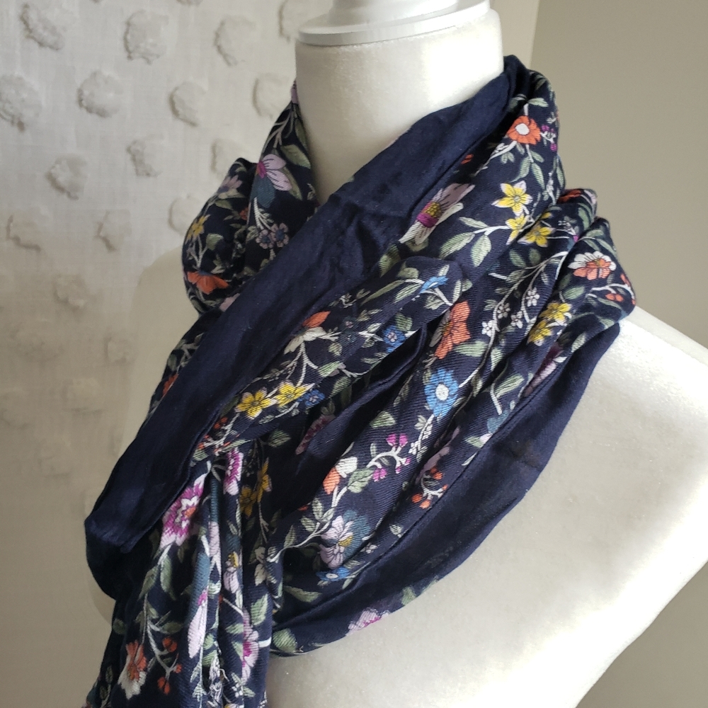 Navy Blue Floral Bohemian Scarf - Picture 2 of 4